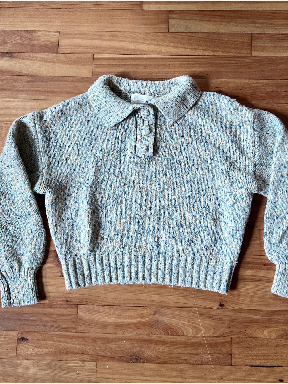 Collared Cropped Speckled Knit Sweater Light with Blue, Green and Yellow